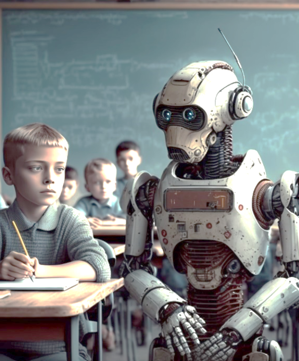 Furistic image of child sitting next to a robot in a classroom